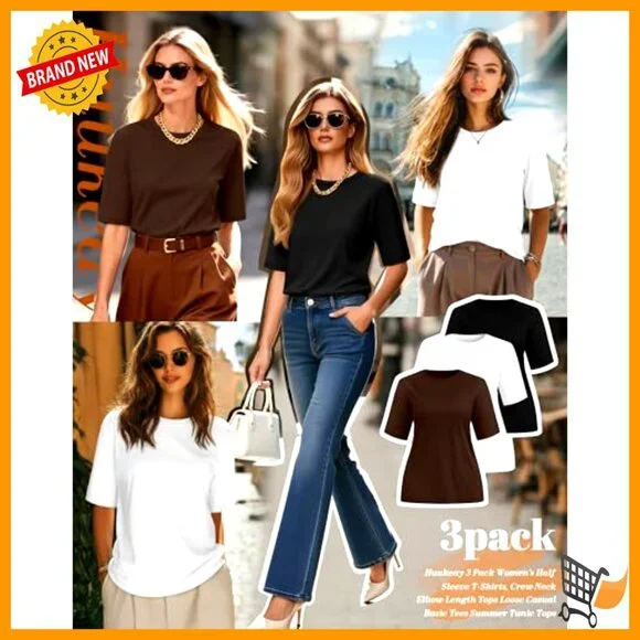 3 Pack Half Sleeve Crew Neck T-Shirts Loose Fit Casual Tees Summer Tops